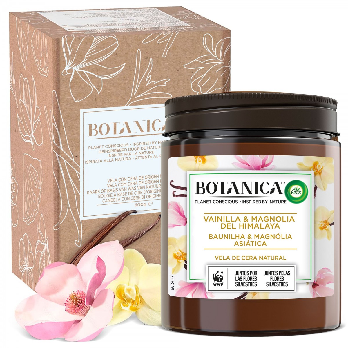 Botanica by Air Wick Vela XL aromática de cera natural, aroma Vainilla y Magnolia del Himalaya - 500g