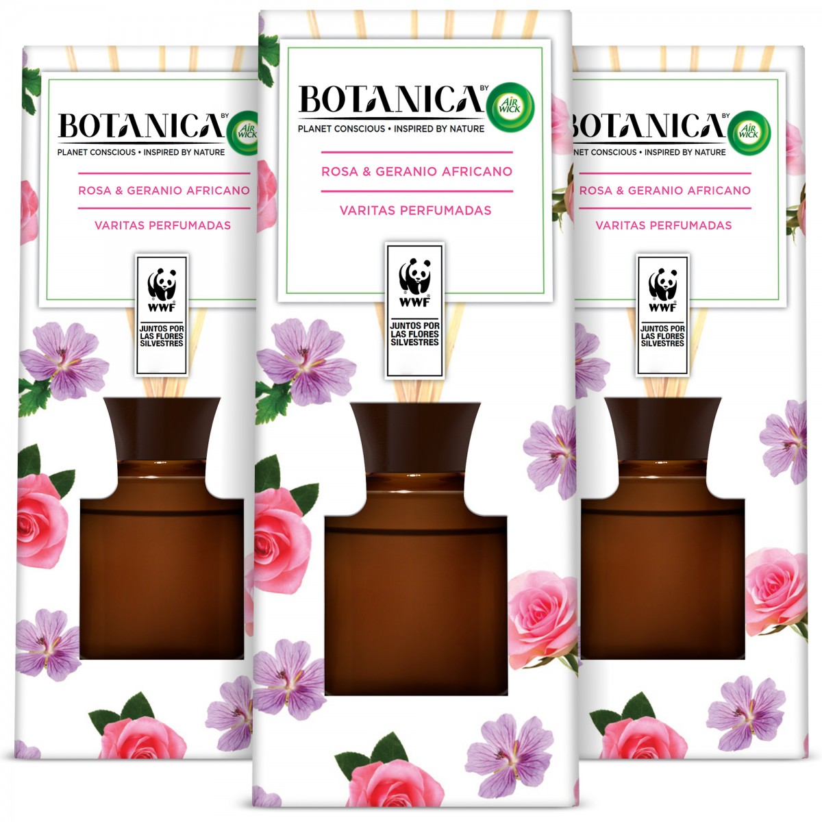 Botanica by Air Wick Pack x3 Varitas perfumadas, aroma Rosa y Geranio Africano - 80ml