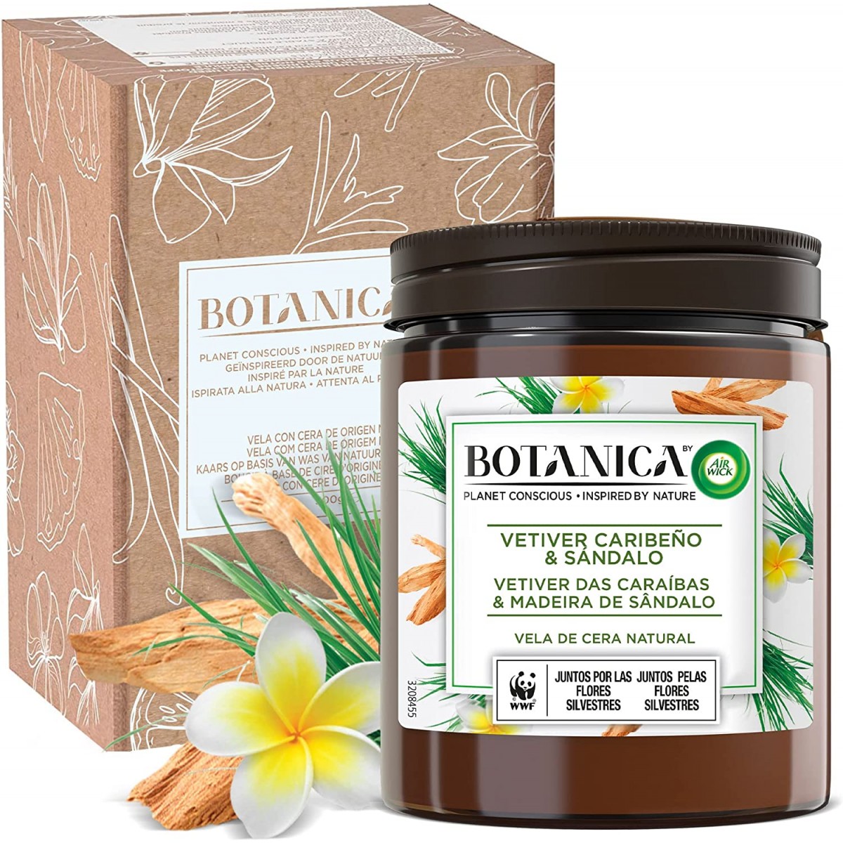 Botanica by Air Wick Vela XL aromática de cera natural, aroma Vetiver Caribeño y Sándalo - 500g